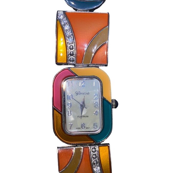 Geneva Womens Stainless Steel Back Watch With Colorful Enamel Face & Rhinestone - Picture 10 of 15